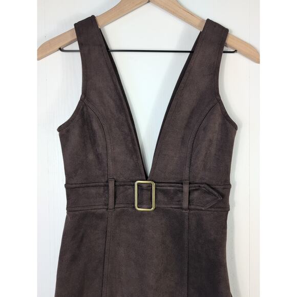 Forever 21 Brown Faux Suede Mini Dress S Belted Overall Y2K Retro Indie - Picture 3 of 15